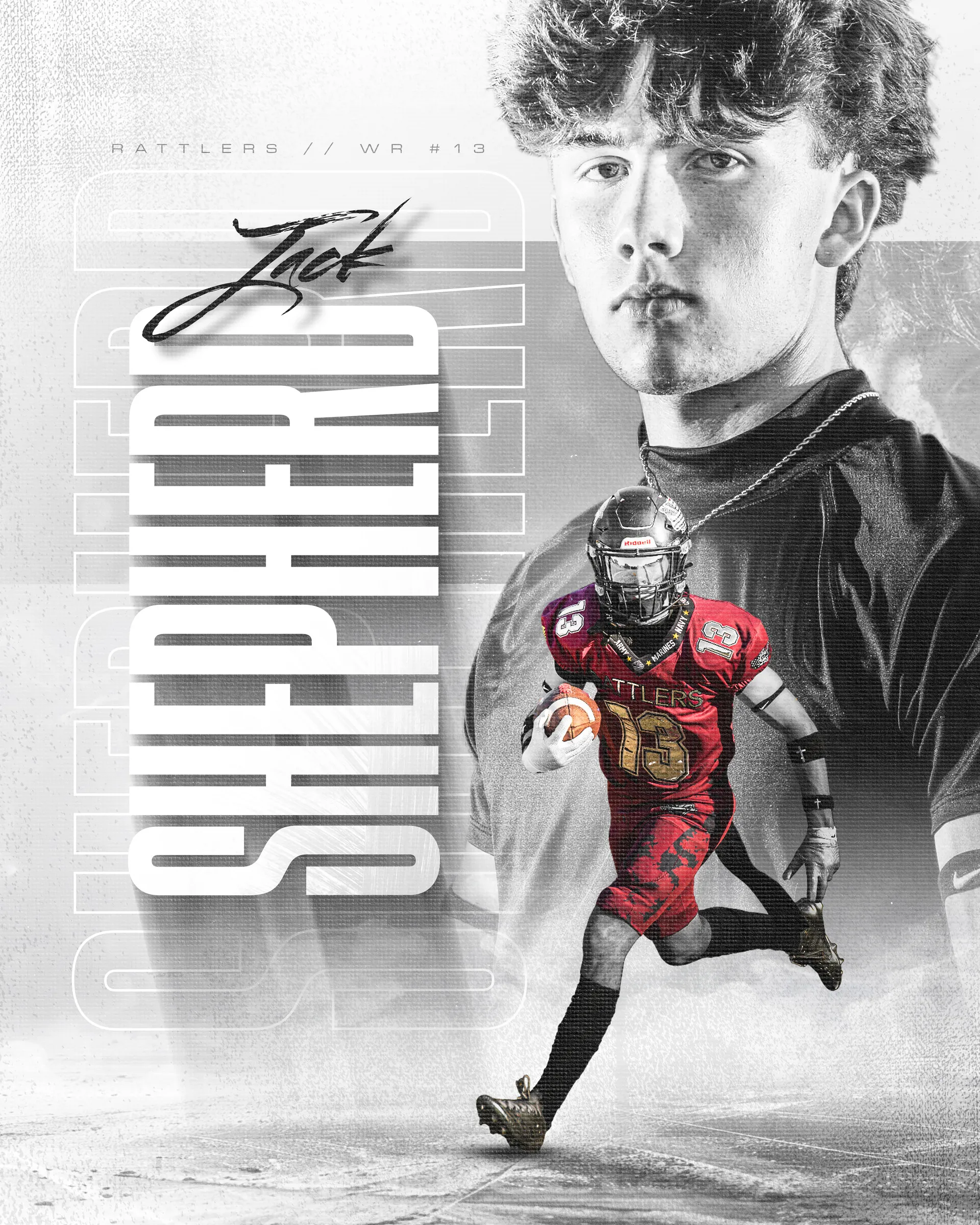 Finished hero portrait of Jack Shepherd: a large monochrome portrait of the athlete behind a full-colour cutout of him running with the ball, with his name set across the piece.