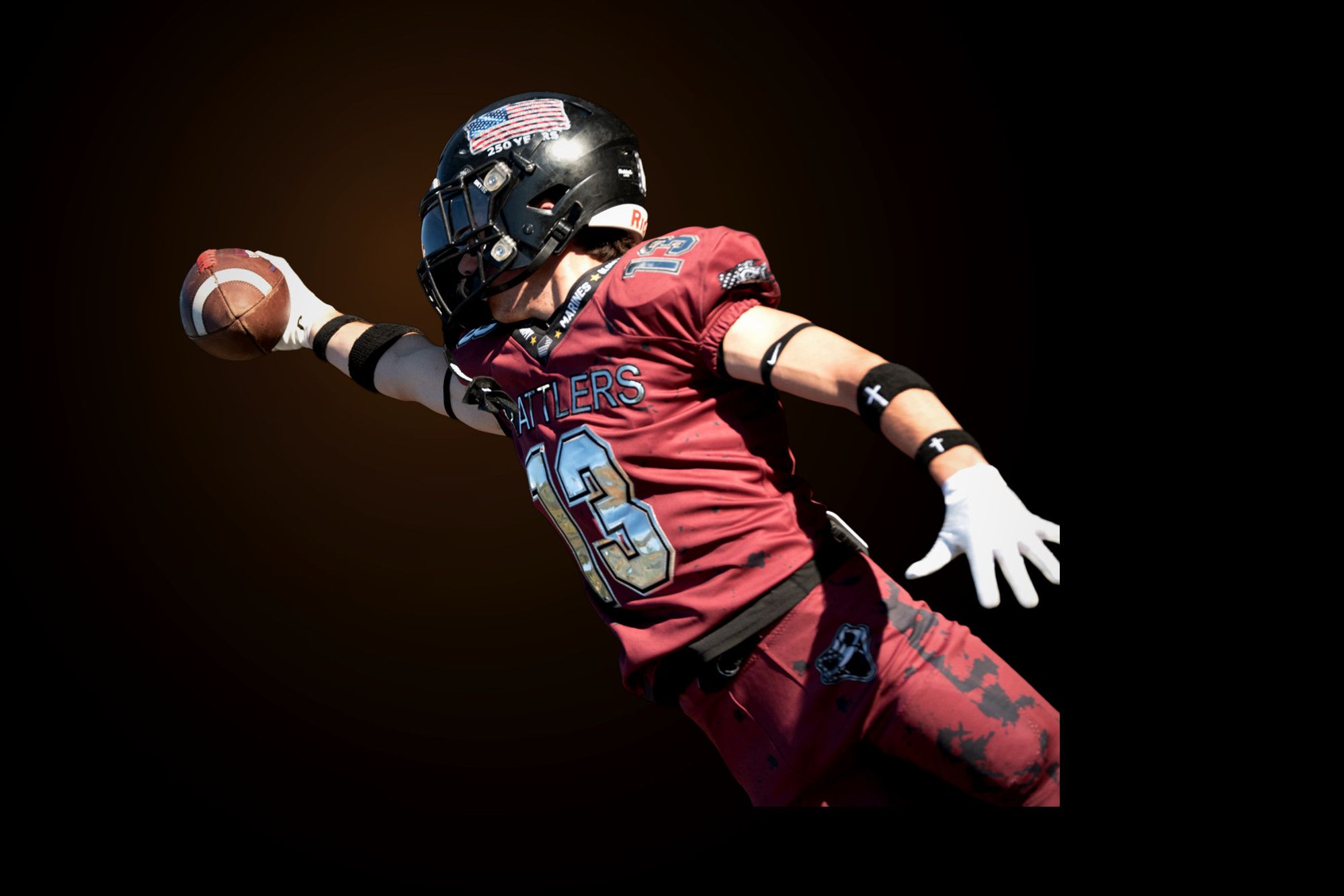 Jack Shepherd at full extension, one arm stretched out to take the ball at his fingertips.